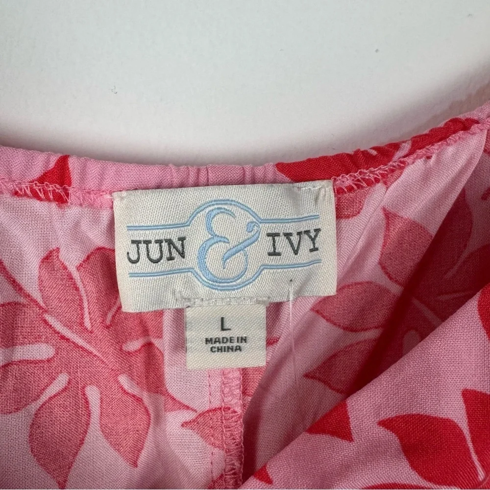 Jun & Ivy Pink & Red V Neck Faux Wrap Cropped Short Sleeve Summer Top Beach Cute